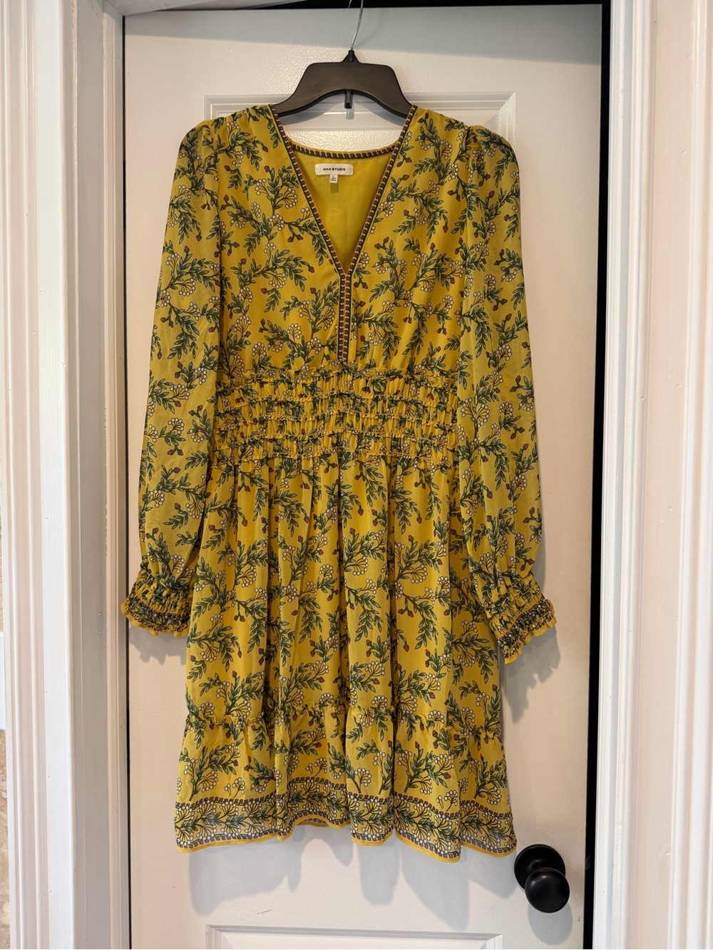 Max Studio Yellow Floral Smocked Waist Dress - Size Large
